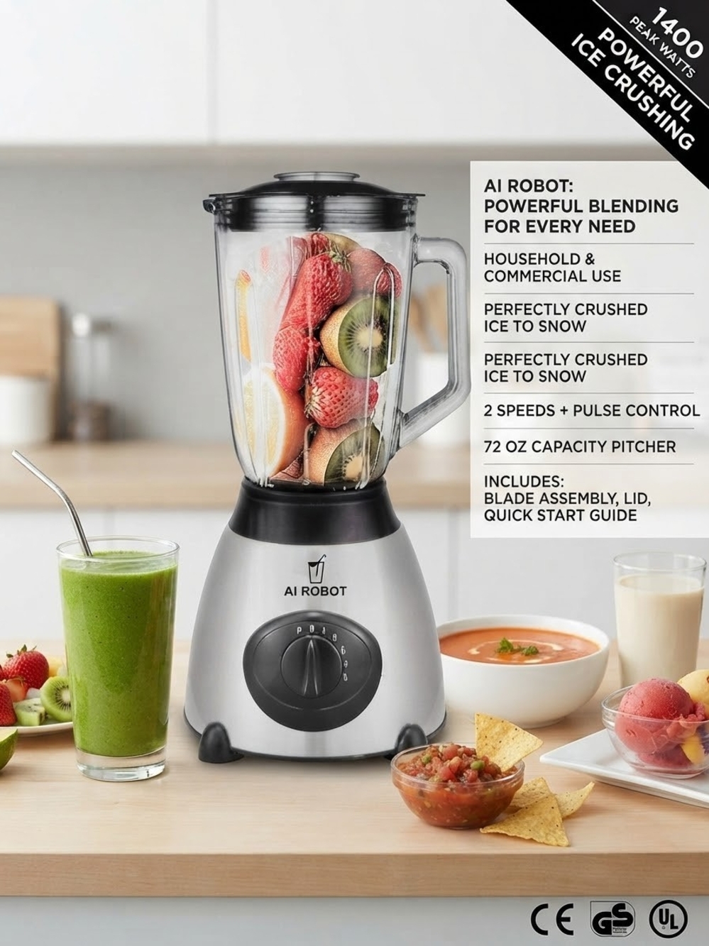 AI Robot 1400W Peak Professional Commercial Blender Ice Crusher 72 oz Pitcher